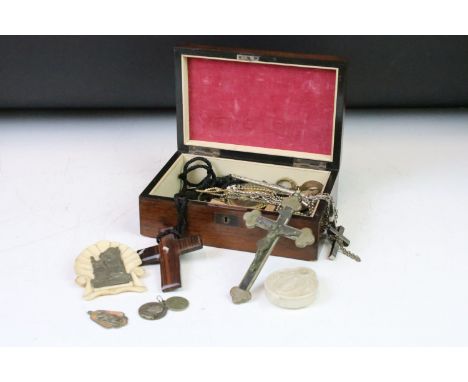 A collection of various religious talismans to include Crosses, Crucifix, St. Michael medallions, St. Christophers, Virgin Ma