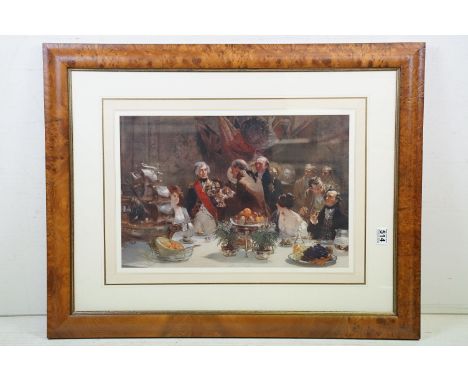 Fred Roe, a vintage chromolithograph of a banquet scene with Admiral Horatio Nelson, contained in a walnut veneer frame, glaz