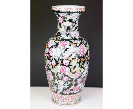 Large Chinese Famille Noire baluster vase, with dragon &amp; floral decoration, seal mark to base, approx 45cm tall 