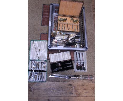 A job lot of cased vintage cutlery and flatware 