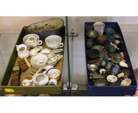 An assortment of miniature dolls house ceramic glass and metal household accessories 