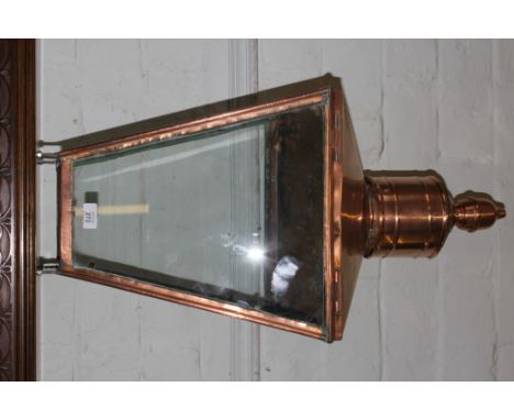 A late 19th century copper street lamp hood with barrel shaped finial and glass panels, 82cm high 
