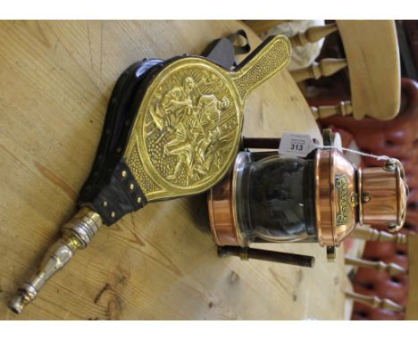 A 19th century copper ship's masthead light and a brass fire bellows (2)