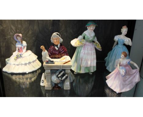 A Royal Doulton ceramic figurine of 'School Marm' and four other figurines of ladies. Condition - all without repair or damag