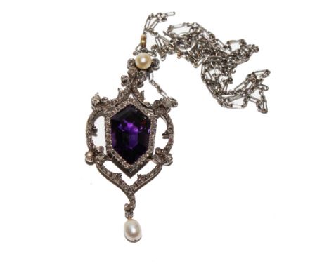 A fine Edwardian Belle Epoch diamond pearl and amethyst pendant on platinum chain in fitted box by Joseph Hemming and Co, Con