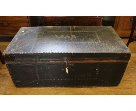 A vintage wooden-framed oblong travelling trunk, or chest, with lift up lid, lined interior with metal fittings, 90cm wide