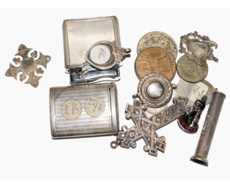 A silver vesta case, a silver cigar piercer and a silver cased Colibri cigarette lighter and a collection of silver fobs, etc