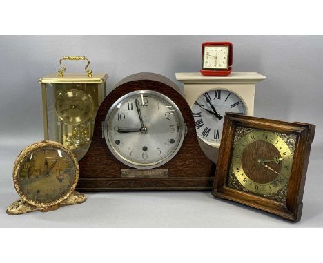 GROUP OF CLOCKS to include an Anvil oak cased dome top mantel clock, 23cms (h), gilt metal cased Anniversary clock, 22cms (h)