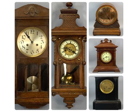 GROUP OF CLOCKS, oak mantel clock with arched top, carved detail, dial with black Roman numerals, 40cms (h), ebonised mantel 