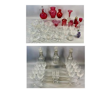 COLLECTION OF GLASSWARE to include three mallet shaped decanters with triple ring necks, various cut glass drinking glasses, 
