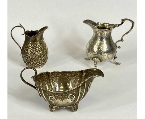 GROUP OF SMALL SILVER ITEMS, Georgian cream jug, acanthus capped loop handle, chased decoration on three out swept feet, poss