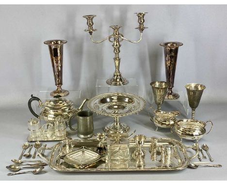 GROUP OF PLATED ITEMS including trumpet shape vases a pair, 26cms (h), panelled three-piece tea service, rectangular two-hand