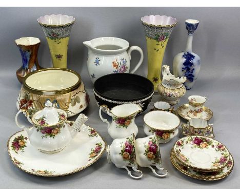 GROUP OF CERAMICS including Royal Albert 'Old Country Roses' part tea set, Wedgwood black basalt bowl, Corona ware vases a pa