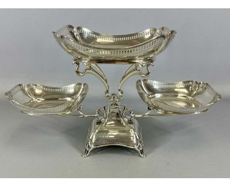 LARGE GEORGE V SILVER EPERGNE, central shaped rectangular bowl with pierced rim, smaller matching dish to either side, on wir