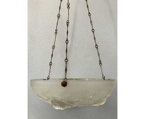 VINTAGE CIRCULAR OPALESCENT GLASS HANGING LIGHT SHADE, moulded with roses and leaves, 34cms (diam.) with hanging chainsProven