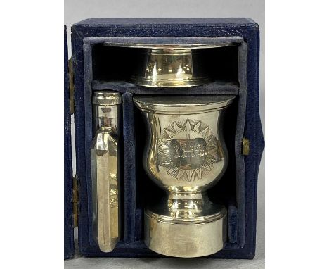 SILVER TRAVELLING COMMUNION SET, Victorian and later, three pieces, comprising chalice/pyx and matching paten engraved with c