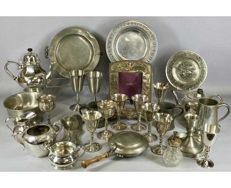 VARIOUS PEWTER & PLATED ITEMS including a boxed Selangor three-piece tea service, antique warmer plate, two tankards, wall sc