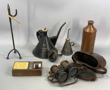 COLLECTABLES GROUP, antique/vintage, French binoculars in leather case, rush-light holder, 36.5cms (h), a Morse Code box, Lla