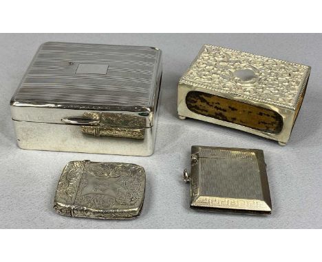SMALL SILVER SMOKER'S ACCESSORIES, Victorian rectangular matchbox holder with repousse decoration on ball feet, Birmingham 19