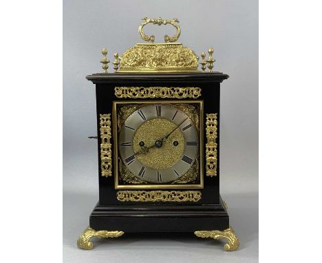 PAYNE & CO 163 NEW BOND STREET LONDON, ebonised and gilt metal bracket clock, the top decorated with floral swags and cherubs