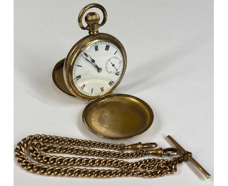 GOLD PLATED FULL HUNTER POCKET WATCH, keyless, white enamel dial with black Roman numerals and subsidiary seconds dial, 50mms
