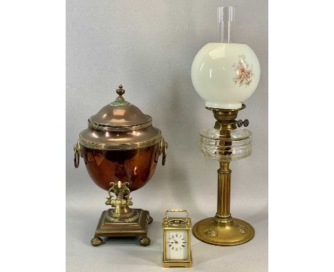 REGENCY COPPER SAMOVAR with ring side handles on square base with bun feet, 48cms (h), Art Nouveau oil lamp with embossed bra