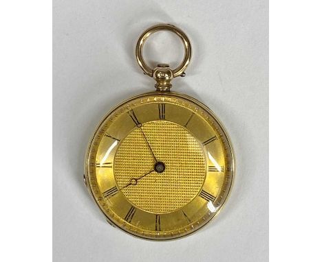 GOLD FOB WATCH, the back with engine turned decoration, gold coloured dial with black Roman numerals, key-wind, 35mms (diam.)