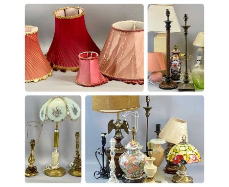 LIGHTING GROUP to include table lamps in various materials including ceramic and metal, etched green glass oil lamp shade, ha