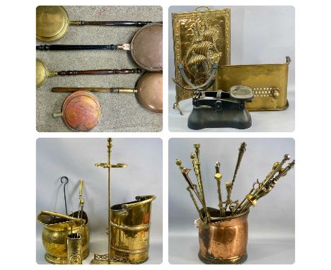 LARGE GROUP OF 'FIRESIDE' METALWARE, brass and copper including warming pans, coal scuttle, scales, fire irons, fire front et