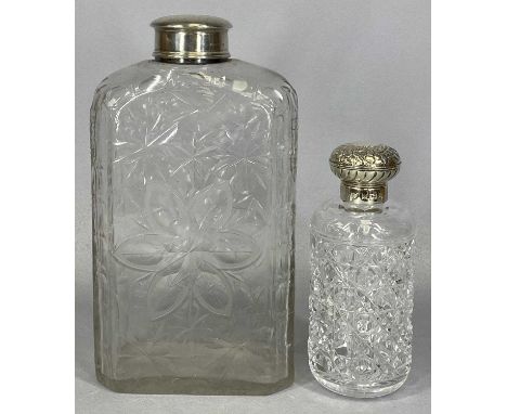 GOOD QUALITY CUT GLASS FLASK with silver top, Birmingham 1907, 25cms (h) and a good quality cut glass scent bottle with silve