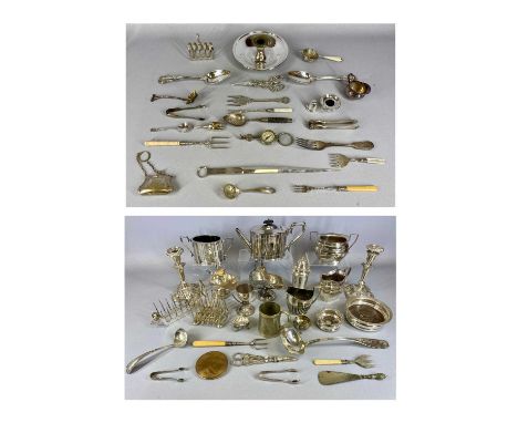 LARGE GROUP OF PLATED ITEMS including EPBM tea service, wine coasters, sugar caster, candlesticks, spoons, cutlery and other 