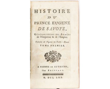 MAUVILLON (Éléazar de). Histoire du Prince Eugène de Savoye. Vienne	 Briffaut	 1770. 5 vol. in-12	 basane blonde mouchetée	 d