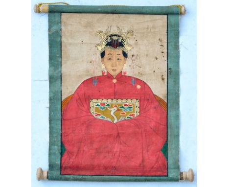 Portrait de femme de fonctionnaire civil, gouache sur toile, Corée, fin de l'époque Joseon, vêue de rouge, portant le carré a