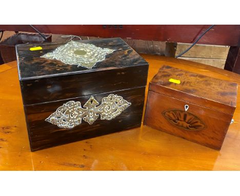 A George III Mahogany Two Compartment Tea Caddy. With Conch Shell inlay. And a Victorian Coromandel Box (2) 