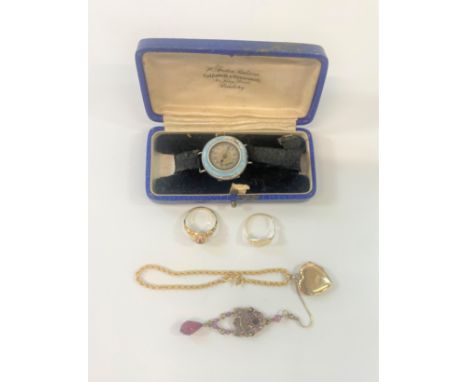 A Ladies wrist watch with an enamel bezal and a collection of jewellery 