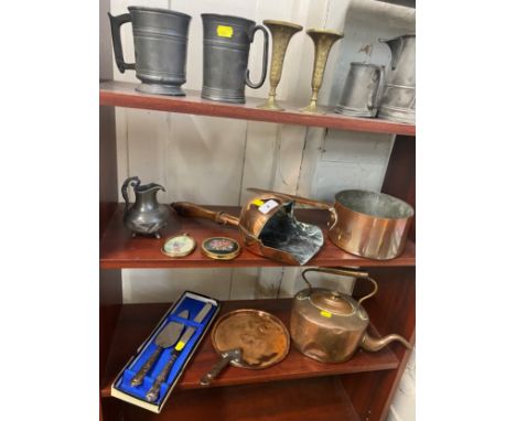 A copper kettle and other copper wares, pewter jugs and tankards, two brass vases, bread knife and pie server boxed set, oval