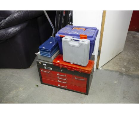 TALCO, U.S.A. TOOL STATION TOOL BOX/CABINET IN GREY AND RED ENAMEL WITH SIX LOCKING DRAWERS AND HINGED TOP, TOGETHER WITH A 2