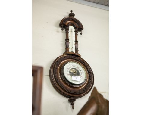 EDWARDIAN CARVED WALNUTWOOD BANJO SHAPED ANEROID BAROMETER,  WITH REVEALED WORKS AND THERMOMETER 