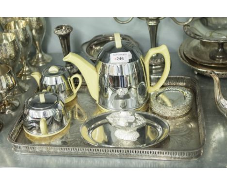 'EVERHOT' STYLE POTTERY TEA SET OF 3 PIECES, with plated metal removable covers, AN EP OBLONG GALLERY TRAY; SET OF 12 ENGRAVE