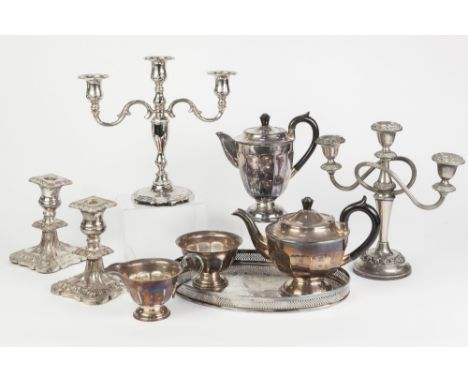 MIXED LOT OF ELECTROPLATE, comprising: PAIR OF SILVER PLATED ON COPPER CANDLESTICKS, 6" (15.2cm) high, FOUR PIECE PEDESTAL TE