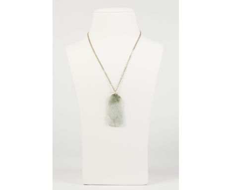 A MUTTON FAT JADE PENDANT, carved as a classical dolphin, 1 7/8" long and the  9ct GOLD FINE CHAIN NECKLACE, 16" long, 1.6gms
