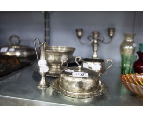 ELECTROPLATE JARDINIERE, THREE SCROLL CANDLESTICK STAND, ETC