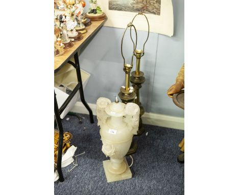 LARGE CARVED ALABASTER PEDESTAL VASE PATTERN TABLE LAMP 20" HIGH AND A PAIR OF LARGE  GILT METAL TABLE LAMPS, 22" HIGH (3) 