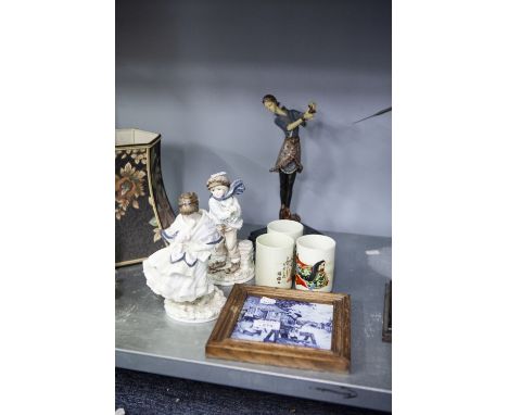 TWO COALPORT CHINA FIGURINES, A FRAMED DUTCH TILE, A MODERN ART DECO DANCE FIGURINE AND THREE JAPANESE BRUSH POTS 