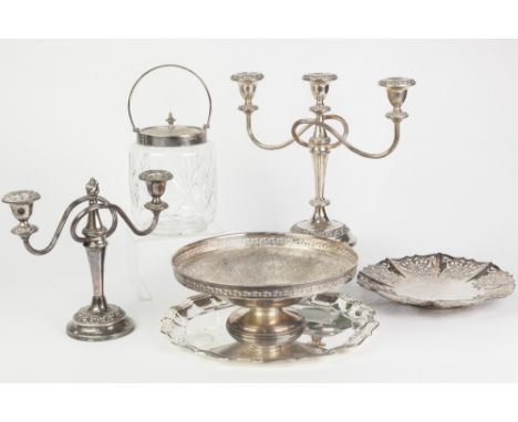 MIXED LOT OF ELECTROPLATE, comprising: CUT GLASS SWING HANDLE BISCUIT BARREL, TWIN BRANCH THREE LIGHT CANDLEABRA, ANOTHER, TW