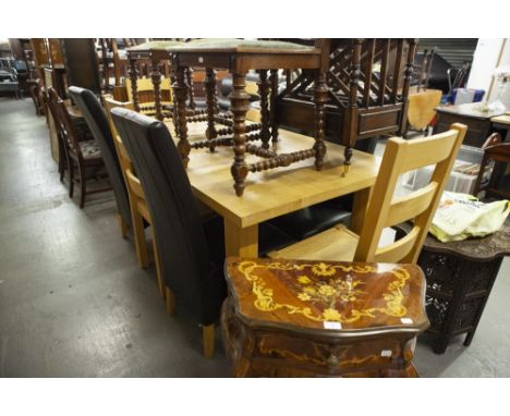 A SOLID LIGHT WOOD DINING TABLE ON FOUR SQUARE LEGS, A SET OF SIMILAR LADDER BACK DINING CHAIRS AND FOUR FAUX BROWN LEATHER D