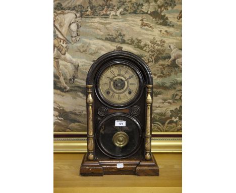 AMERICAN LATE NINETEENTH CENTURY ROSEWOOD AND GILT DECORATED SHELF/ MANTEL CLOCK, THE MOVEMENT STRIKING ON A BELL AND INCORPO