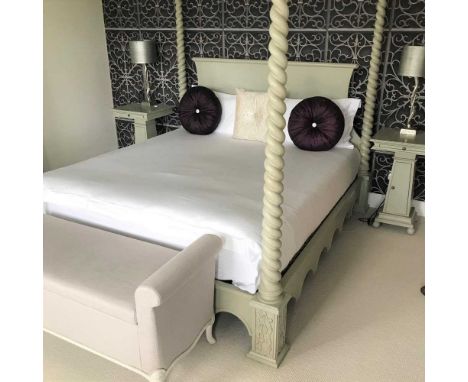 A grey painted four poster bed frame, the Venetian design by And So To Bed, with a slatted base, no mattress included206w x 2