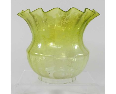 A yellow etched glass oil lamp shade, 18cm high