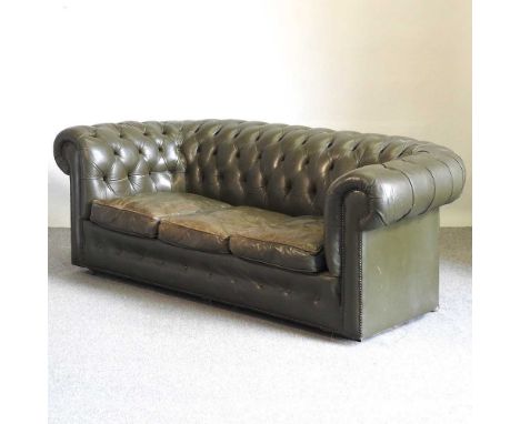 A green upholstered chesterfield sofa, together with a green upholstered button back armchair (2)